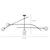 Dimension diagram of 4-globe chandelier showing 70-inch width and 30-inch height with adjustable brass arms