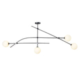 Modern 4-globe brass chandelier with opal glass globes and minimalist black frame by Brass Leaf Studio