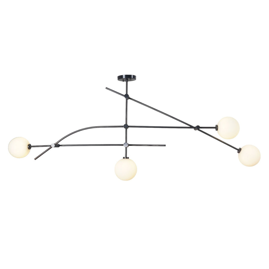 Modern 4-globe brass chandelier with opal glass globes and minimalist black frame by Brass Leaf Studio