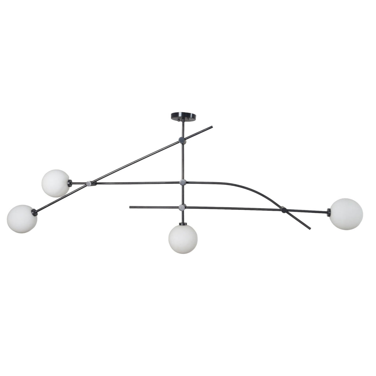 Close-up of 4-globe ceiling light with matte black brass structure and soft glowing opal globes