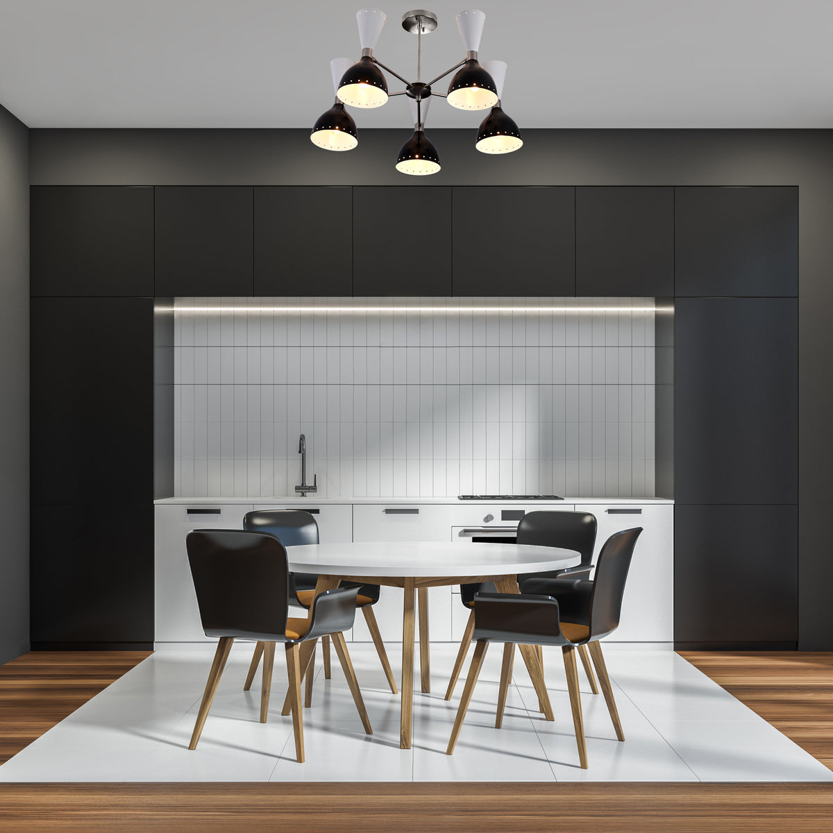 Modern 10-Light Chandelier – Black & White Dual Cone Shades with Brushed Nickel Frame - 32222