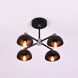 Modern 4 light black and brass flush mount ceiling chandelier with dome-shaped shades, handmade by Brass Leaf Studio