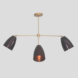 Center view of 4-light brass chandelier – contemporary pendant with cone shades for dining rooms, living spaces, and boutique interiors
