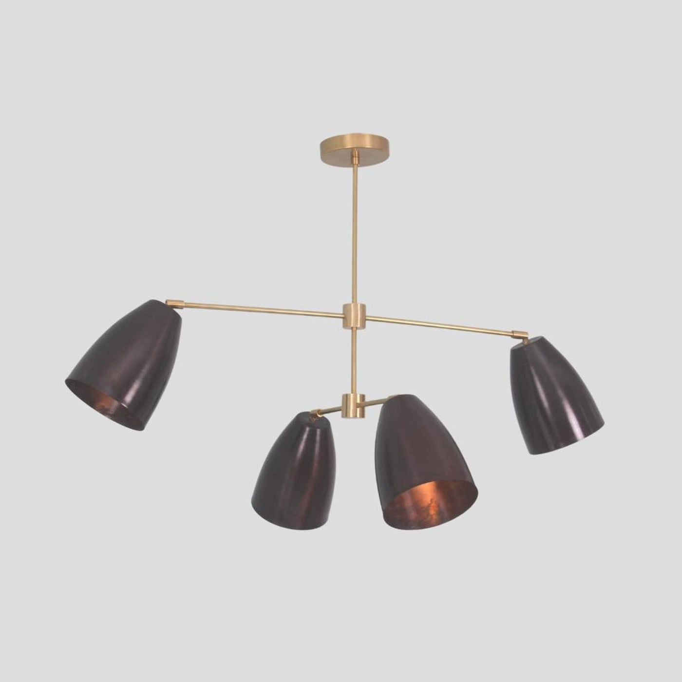 Modern 4-light brass chandelier with blackened cone shades – handmade ceiling pendant with minimalist industrial design