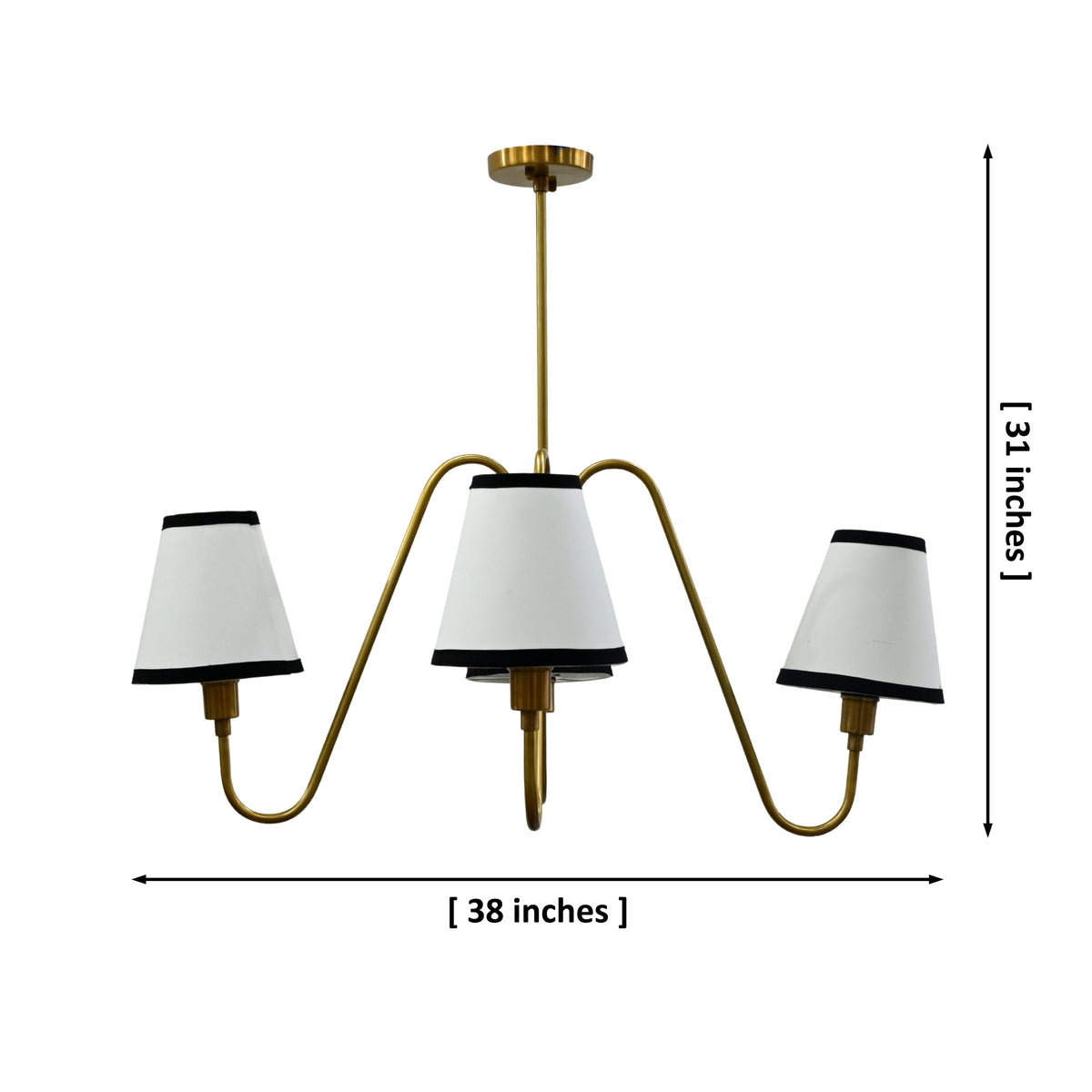 4-light brass chandelier with cream fabric shades and black trim shown illuminated with warm ambient glow