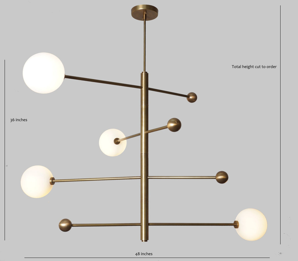 Dimension guide view of 4 Light Brass Globe Chandelier – 48 inches wide and 36 inches high – adjustable handmade brass ceiling light