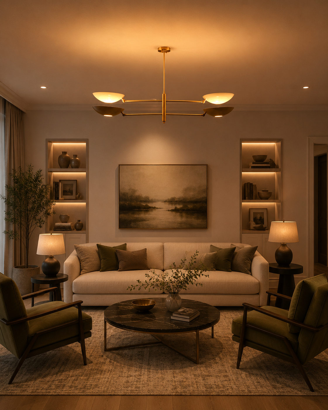 Four light brass linear chandelier glowing warmly with saucer shades for dining room and living room interiors