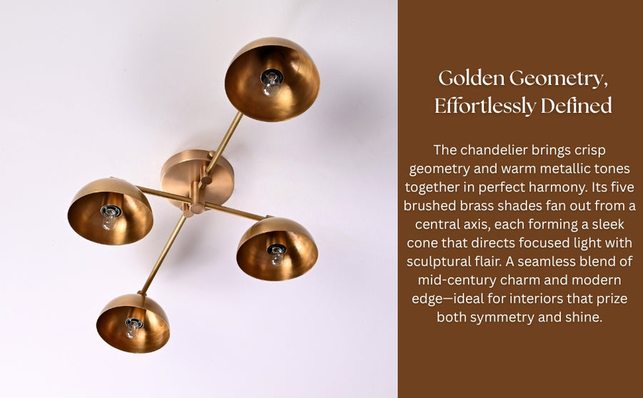 Flush mount brass chandelier with four lit dome shades – modern ceiling light with warm ambient glow