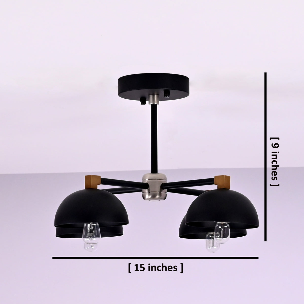 Dimensions of 4 light black and brass flush mount chandelier – 15 inch wide and 9 inch height