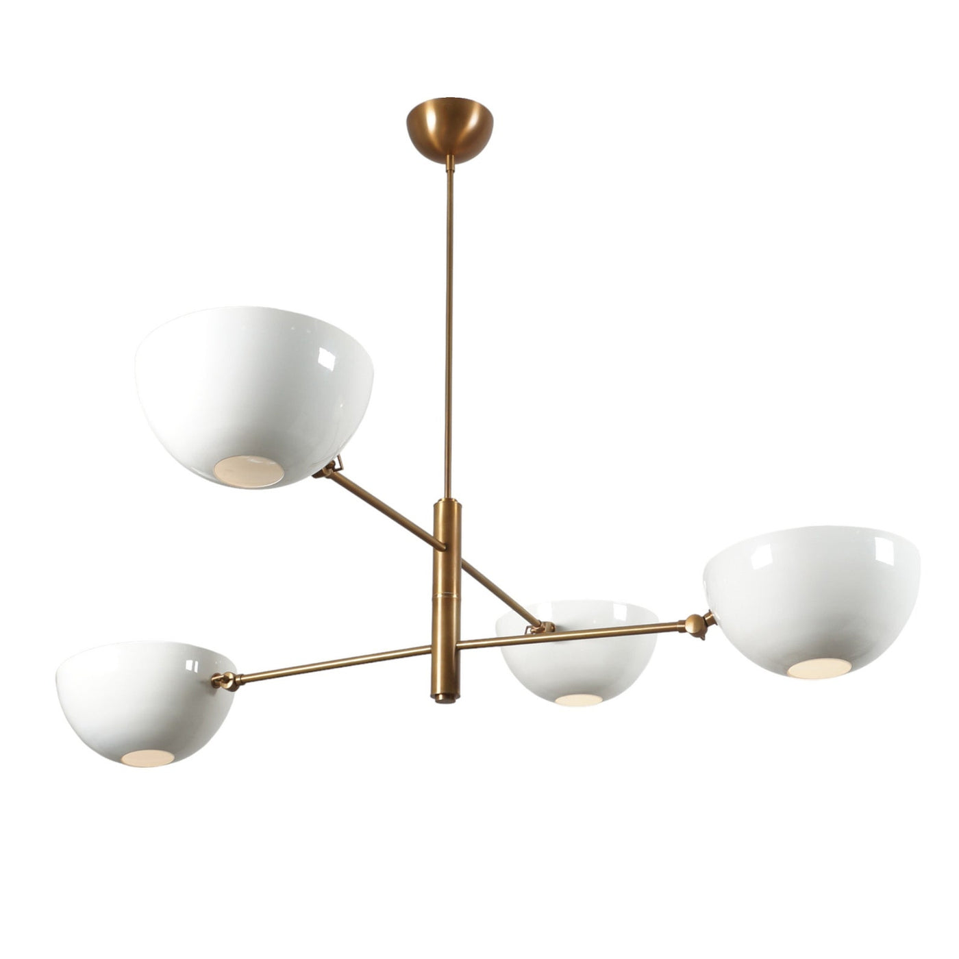 Handcrafted 4-light mid-century brass chandelier with white bowl shades by Brass Leaf Studio