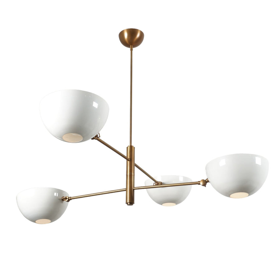 Handcrafted 4-light mid-century brass chandelier with white bowl shades by Brass Leaf Studio