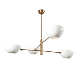 Elegant white bowl shade brass chandelier in modern mid-century style with 4 balanced arms