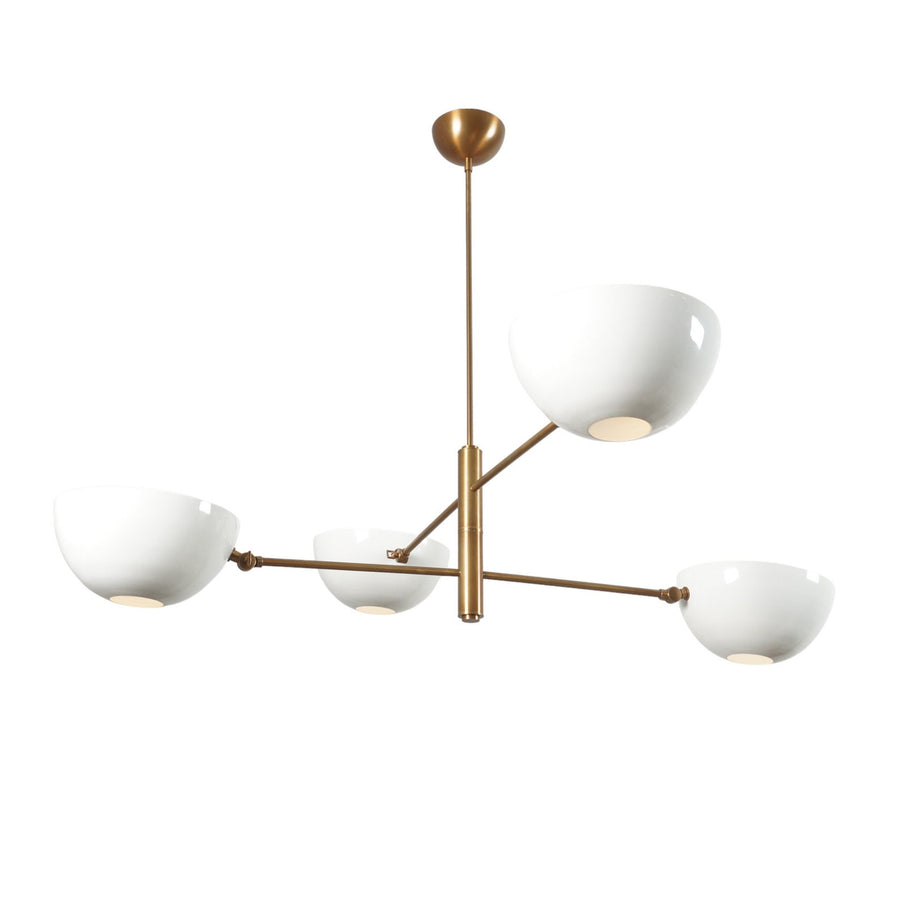 Handcrafted 4-light mid-century brass chandelier with white bowl shades by Brass Leaf Studio