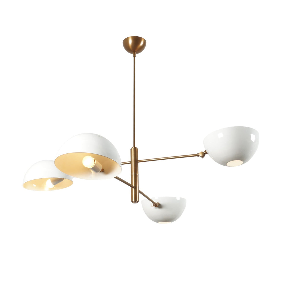 Close-up of mid-century 4-light brass chandelier showing interior bulb placement and bowl shades