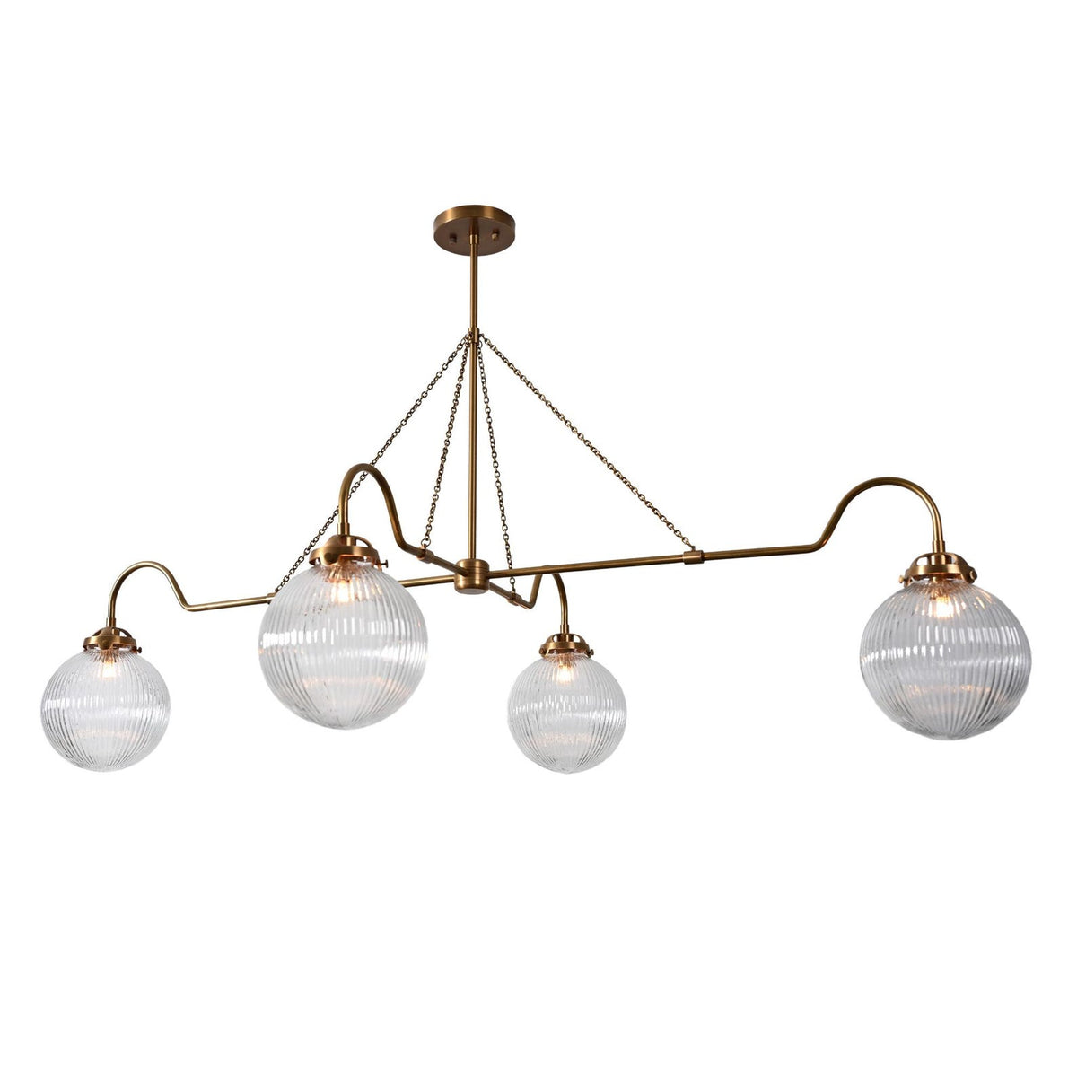 4-light brass chandelier featuring ribbed glass globes and sculpted frame for elegant contemporary interiors.