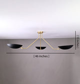 46-inch wide black and brass bowl chandelier with 15-inch height measurement shown, featuring three adjustable arms.