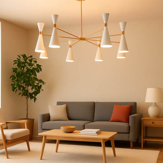 Elegant 47-inch brass chandelier with 16 white cone shades installed in a modern minimalist living room setting