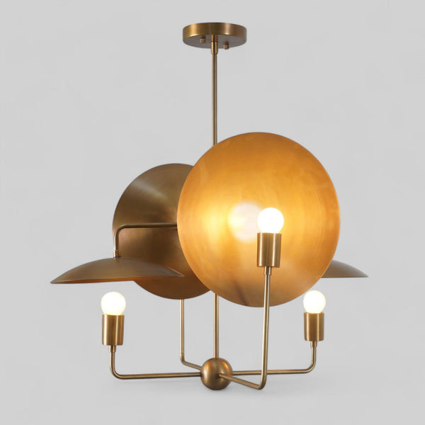 4 Light Dual Disc Brass Chandelier featuring sculptural brass discs and exposed bulbs – handcrafted modern ceiling light by Brass Leaf Studio