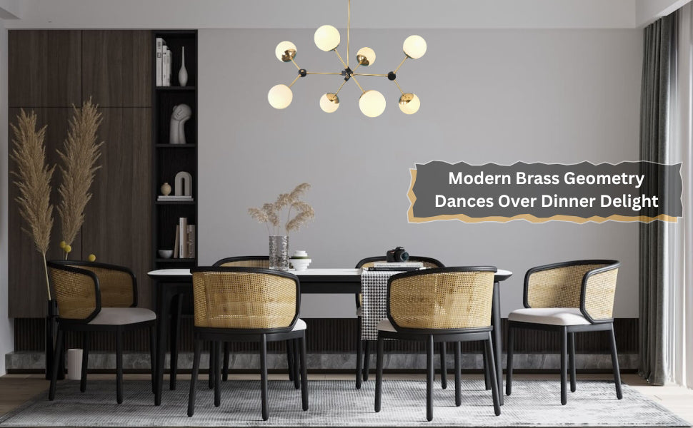 Brass and black chandelier with eight globe lights hanging above a modern dining space with woven chairs and neutral tones.