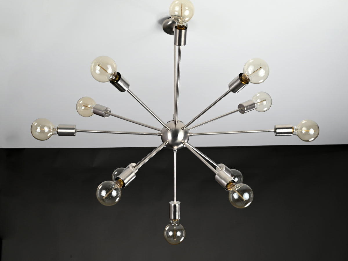 Modern 12-Light Brushed Steel Sputnik Chandelier – Minimalist Mid-Century Ceiling Fixture - 32153