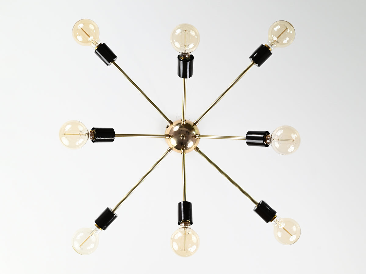 Mid-Century 8-Light Brass & Black Sputnik Chandelier – Modern Minimalist Ceiling Light - 32163