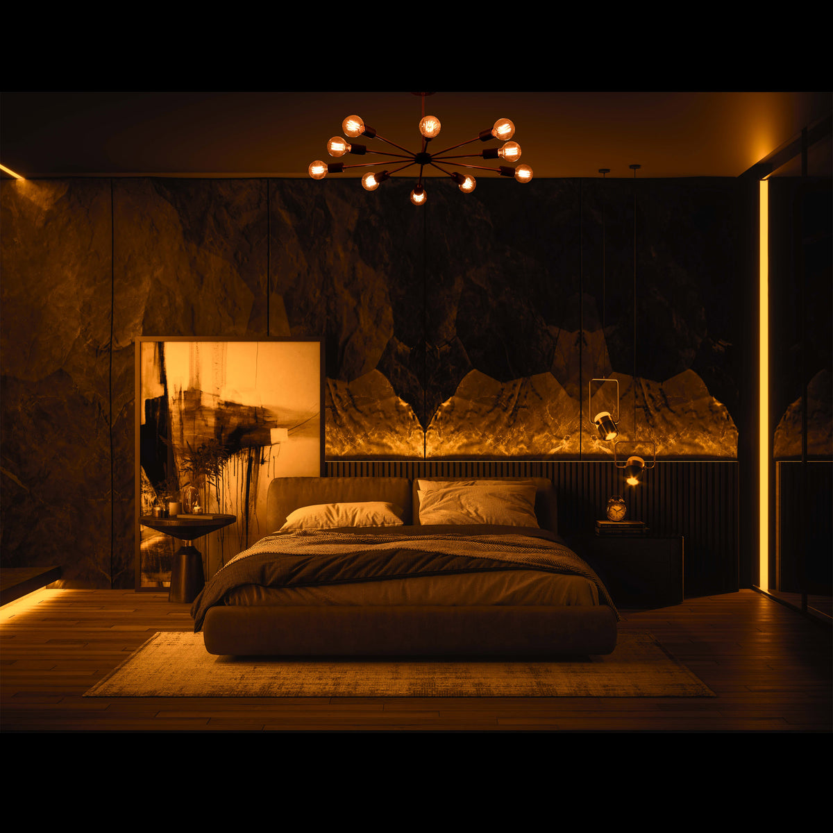 Radiant 12-Light Sputnik Chandelier – Black & Brass Mid-Century Modern Ceiling Fixture - 32198