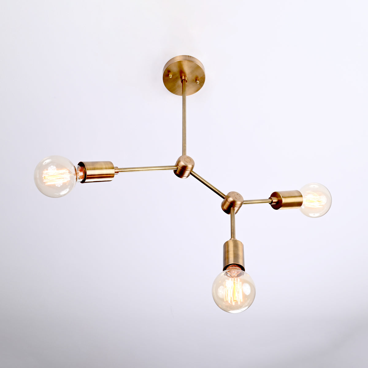 Modern 3-Light Antique Brass Chandelier – Asymmetrical Mid-Century Ceiling Fixture with Exposed Bulbs - 32202