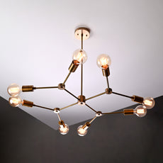 Modern 10-Light Brass Chandelier – Asymmetrical Sputnik Design with Exposed Globe Bulbs - 32211