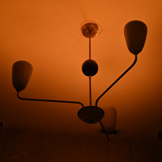 Mid-Century 4-Light Brass & Wood Chandelier – Sculptural Arm Fixture with Opal Glass Shades - 32215