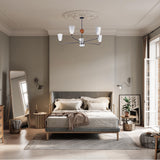 Mid-Century 6-Light Black & Wood Chandelier – Sculptural Arm Fixture with Opal Glass Shades - 32216