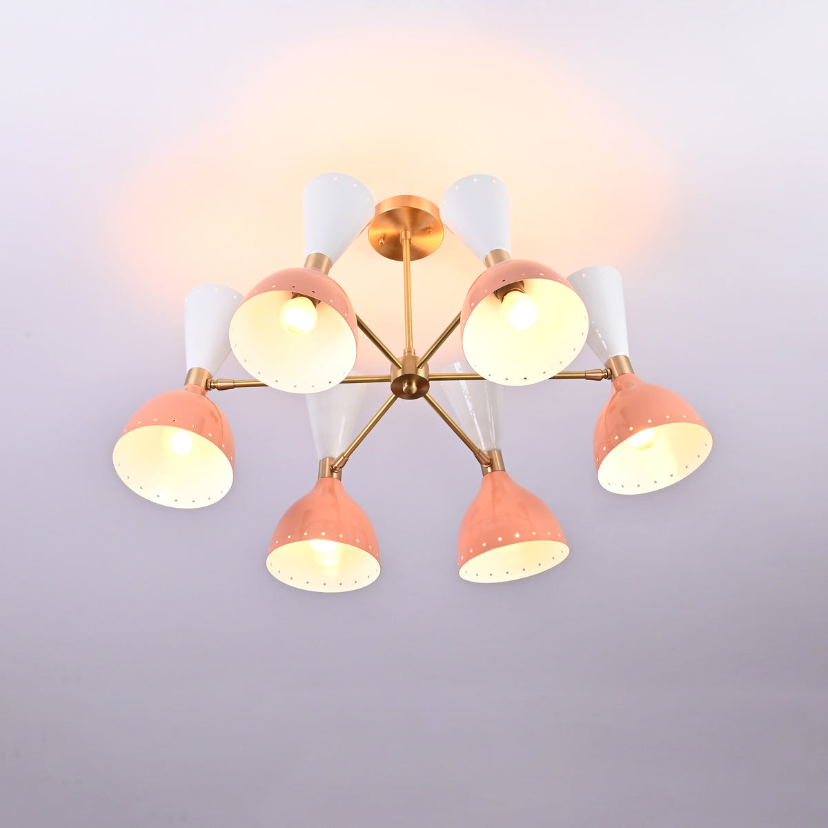 Modern 10-Light Chandelier – Brass Fixture with Coral & White Dual Cone Shades - 32220