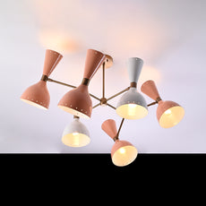 Modern 10-Light Chandelier – Color Blocked Coral, White & Brass Double Cone Ceiling Fixture - 32223