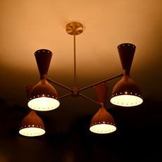 Brass Leaf Studio Industrial Brass Made, Diabolo Ceiling Chandelier Light Peach Color 8 Lights 4 Arms Elegant Pendant Stilnovo Style Mid Century