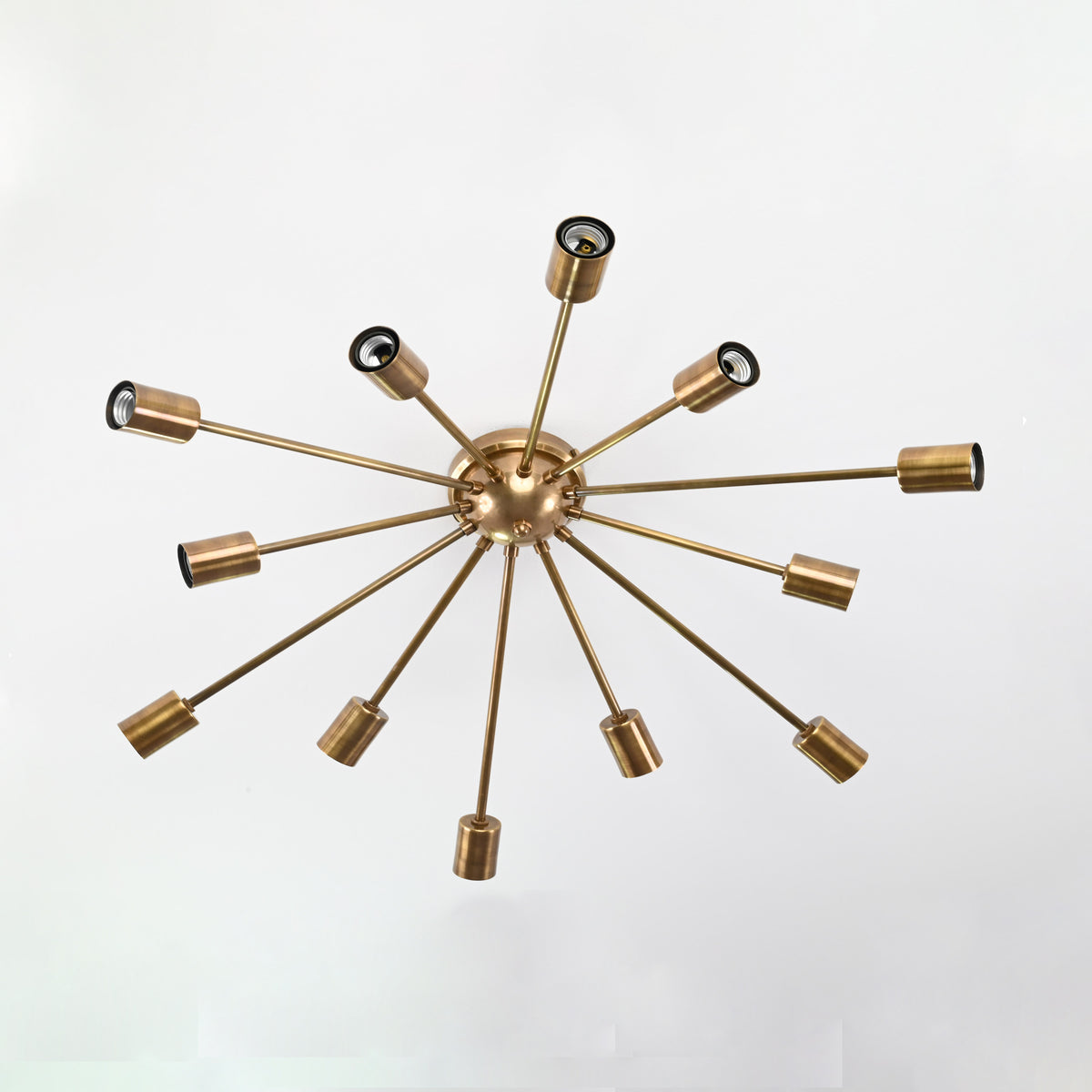 Antique Brass 12-Light Sputnik Chandelier – Industrial Mid-Century Flush Mount Starburst Ceiling Light Base - 32152