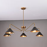 Five-light brass chandelier with matte black cone-shaped shades, mid-century inspired