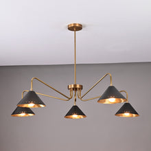 Five-light brass chandelier with matte black cone-shaped shades, mid-century inspired