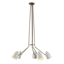 5 Cone Shade Brass Chandelier with elongated brass rods and white cone shades – modern pendant ceiling light by Brass Leaf Studio