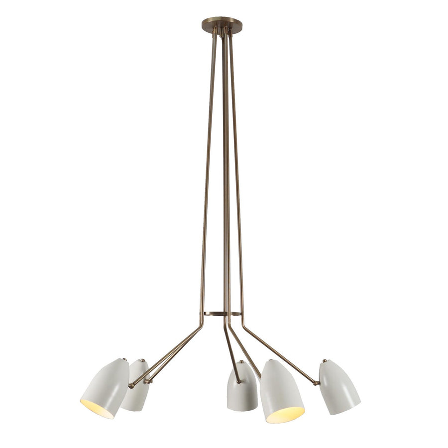 5 Cone Shade Brass Chandelier with elongated brass rods and white cone shades – modern pendant ceiling light by Brass Leaf Studio