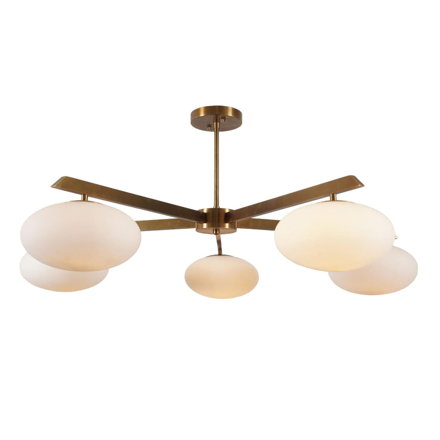 5 Globe Brass Chandelier with frosted glass globes and brushed brass frame – modern ceiling light handcrafted by Brass Leaf Studio