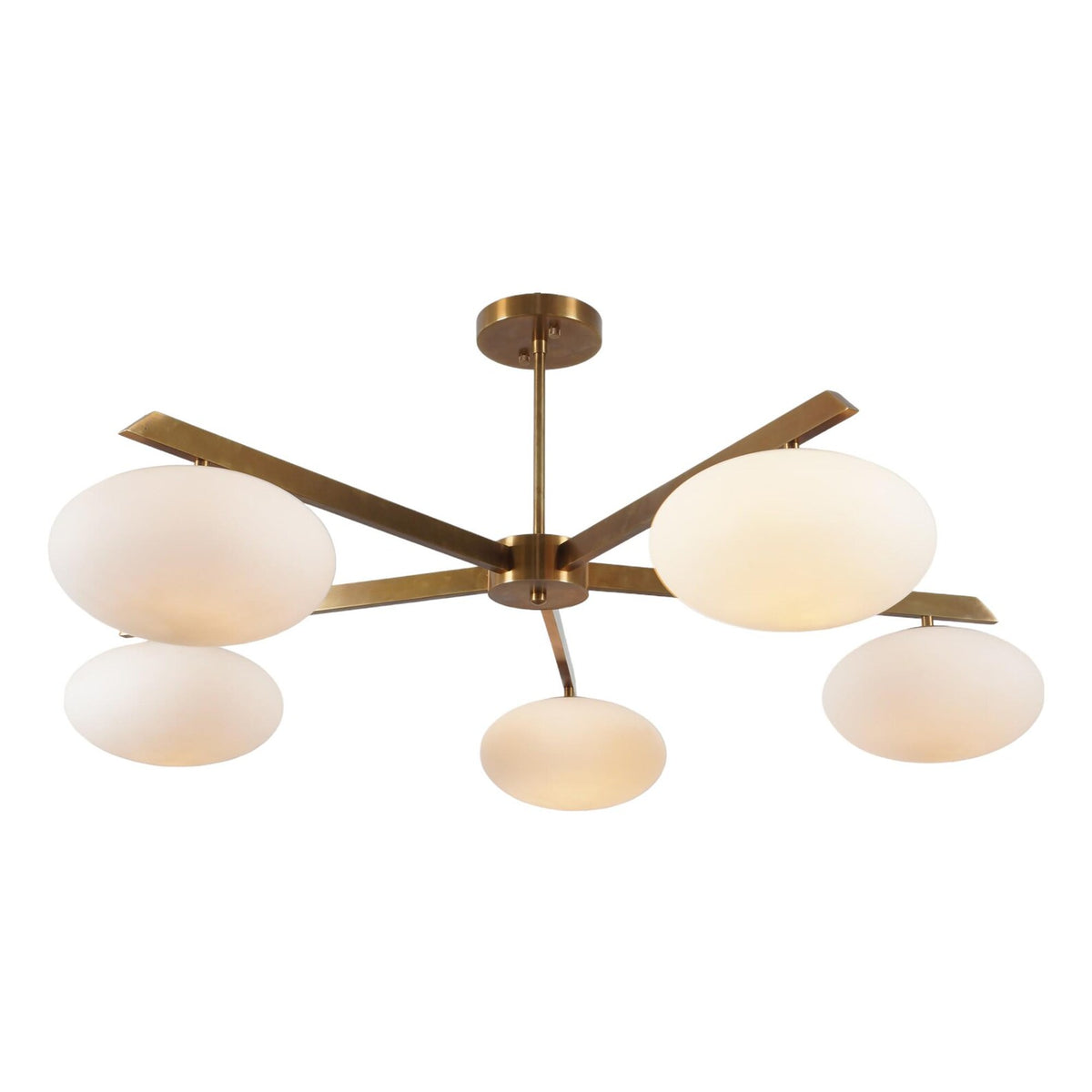 Side view of 5 Globe Brass Chandelier featuring balanced arm design and frosted glass globes – handcrafted modern lighting fixture