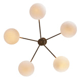 Top view of 5 Globe Brass Chandelier showing symmetrical brass arms and frosted glass globes – elegant modern lighting design