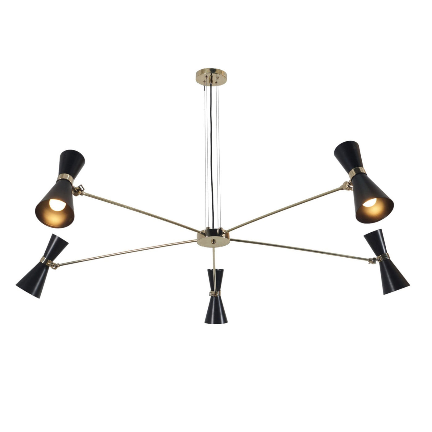 5-light brass chandelier with adjustable black cone shades and mid-century modern design by Brass Leaf Studio