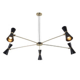 5-light brass chandelier with adjustable black cone shades and mid-century modern design by Brass Leaf Studio