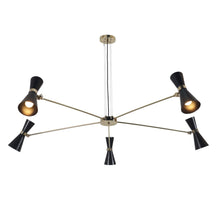 5-light brass chandelier with adjustable black cone shades and mid-century modern design by Brass Leaf Studio