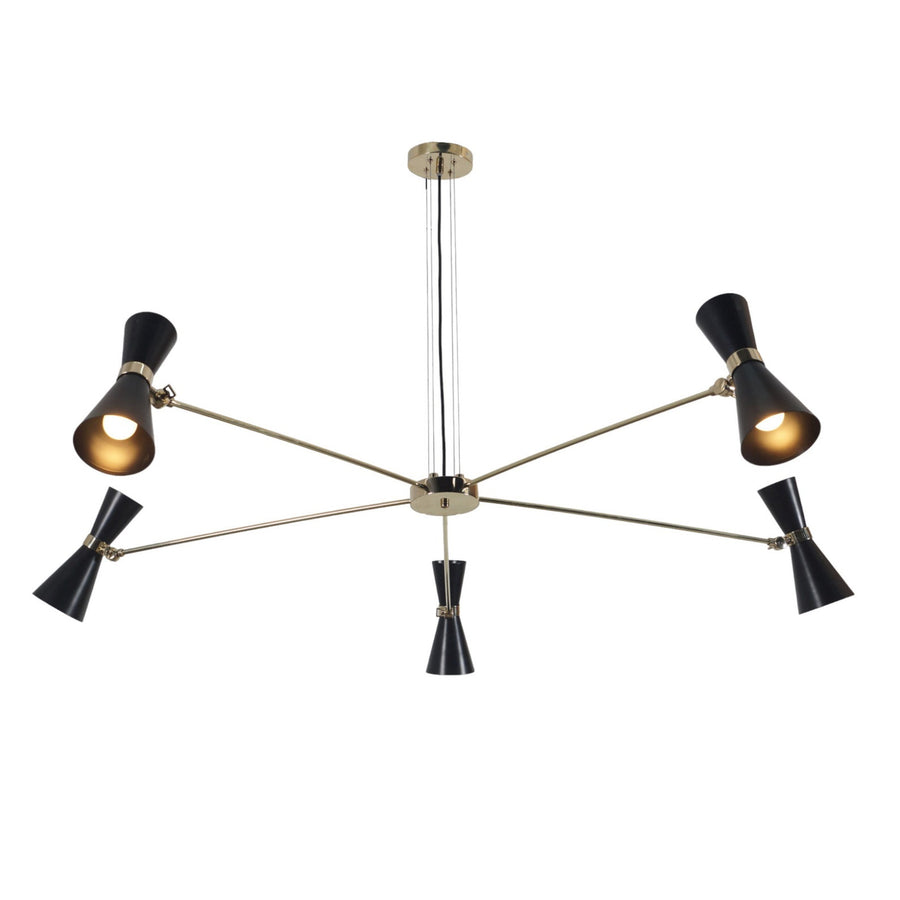 5-light brass chandelier with adjustable black cone shades and mid-century modern design by Brass Leaf Studio