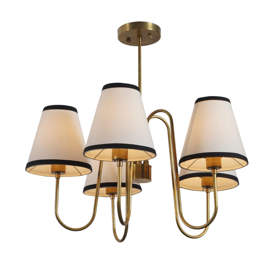5 Light Brass Chandelier with white fabric shades and black trim, handcrafted by Brass Leaf Studio for elegant modern interiors