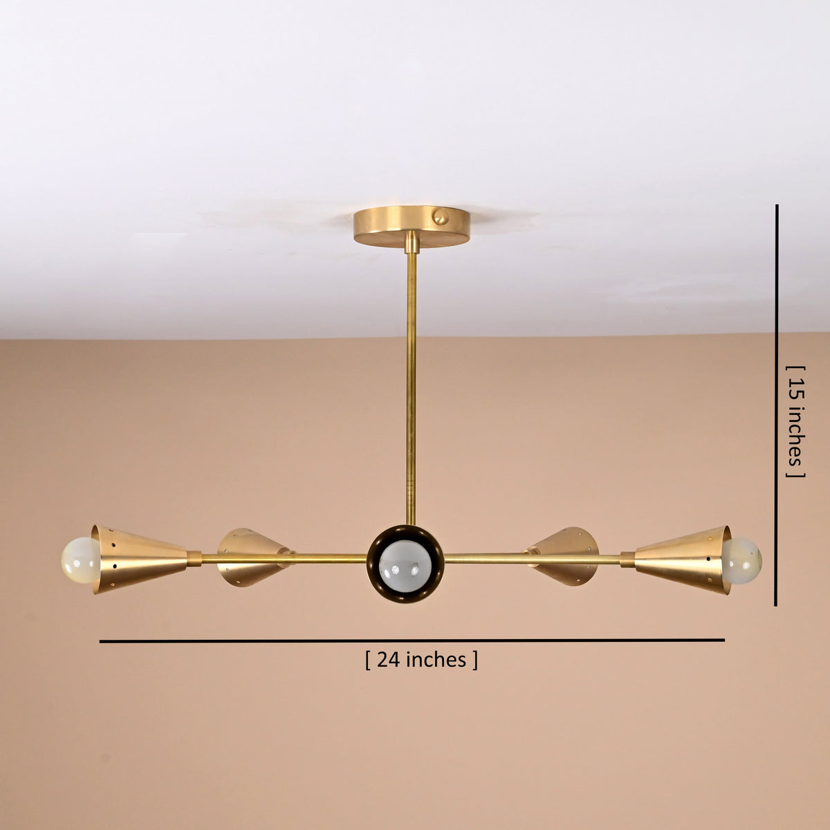 5-light brass cone chandelier with 24-inch width and 15-inch height, handcrafted in solid brass for modern interiors by Brass Leaf Studio.