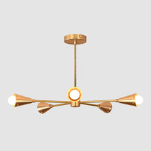Handmade 5-light brass cone arm ceiling light in brushed brass finish, showcasing symmetrical mid-century modern design with conical shades by Brass Leaf Studio.