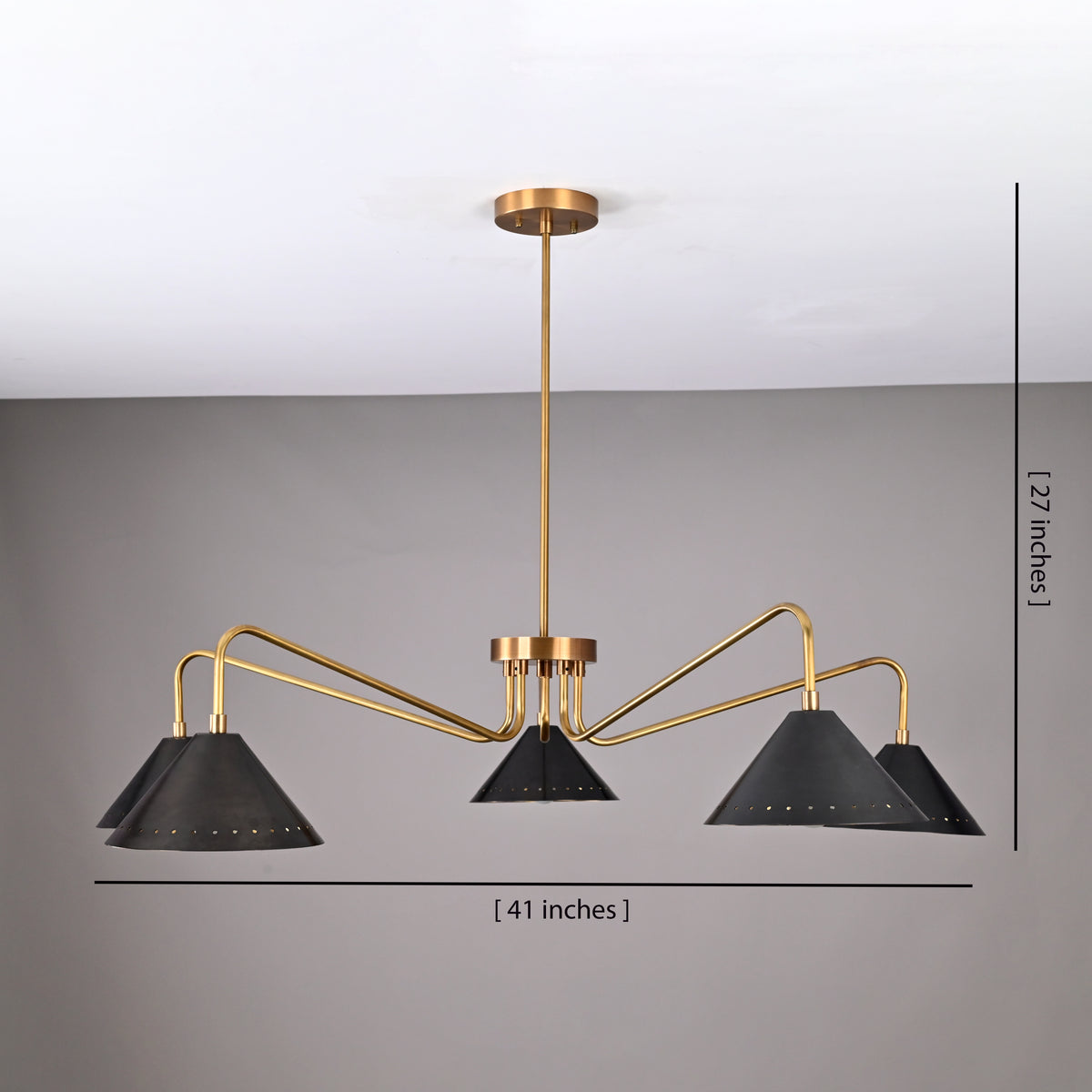 Dimension view of 5-light brass cone chandelier measuring 41 inches wide and 27 inches tall with perforated matte-black cone shades.