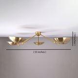 5-light brushed brass flushmount chandelier showing 55-inch width and 10-inch height dimensions with bowl-shaped shades.